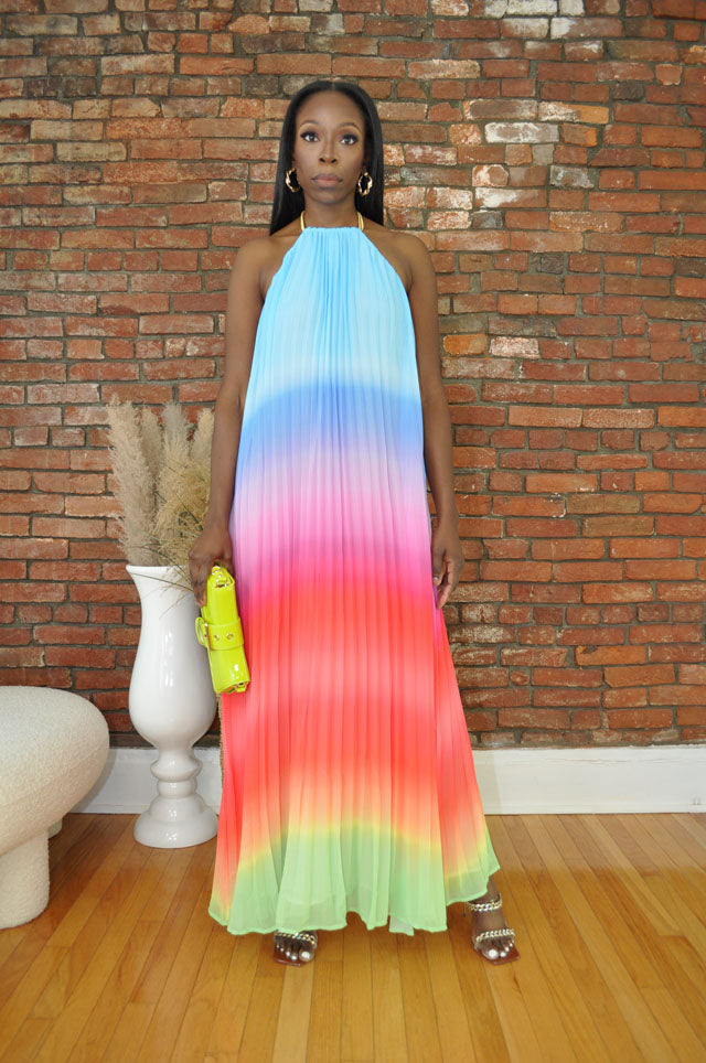 Rainbow pleated clearance maxi dress